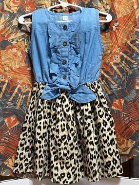 Girls Blue Chambray Top with Leopard Print Skirt Tie-Waist Dress